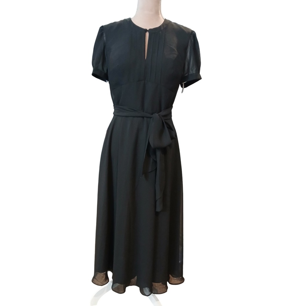 JJ House Black Pleated Keyhole Short Sleeve Midi Dress with Belt sz 10 Modest